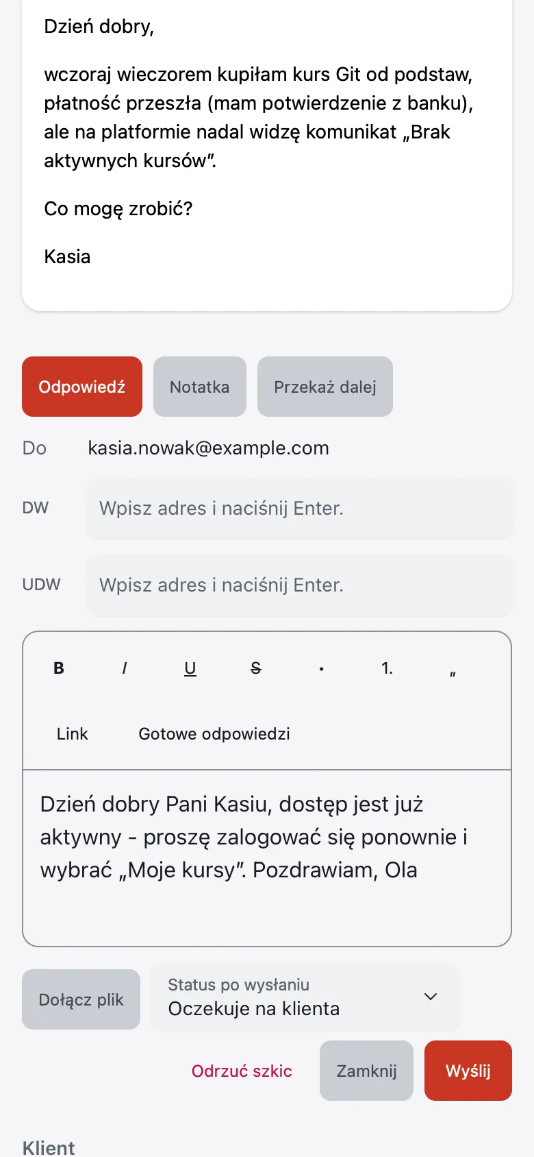 Odpowiedź w HelpStyle na telefonie z przykładowymi danymi: pola Do, DW i UDW, pasek formatowania, treść odpowiedzi, wybór statusu po wysłaniu, przycisk Wyślij i panel klienta pod spodem